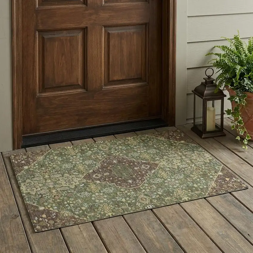 Olive Green And Gray Medallion Washable Indoor Outdoor Area Rug Photo 1