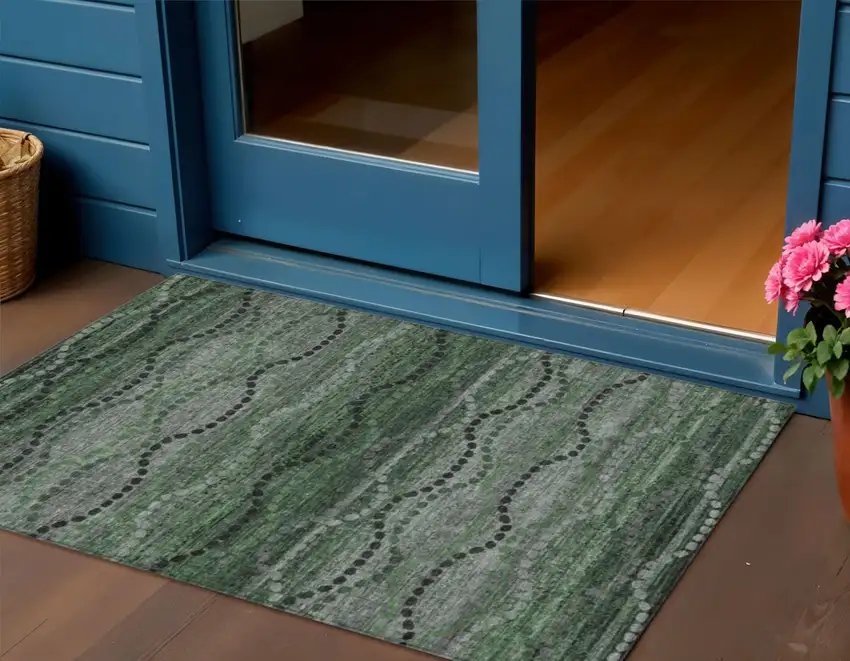 Olive Green And Gray Ogee Washable Indoor Outdoor Area Rug Photo 2