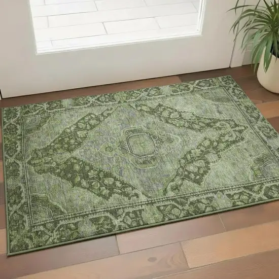 Olive Green And Gray Oriental Washable Area Rug With UV Protection Photo 2