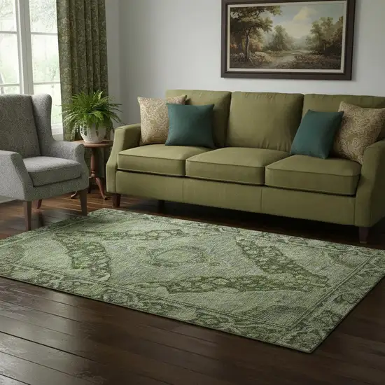 Olive Green And Gray Oriental Washable Area Rug With UV Protection Photo 2