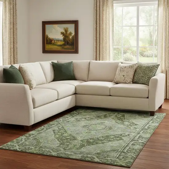 Olive Green And Gray Oriental Washable Area Rug With UV Protection Photo 2