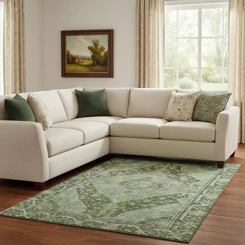 Olive Green And Gray Oriental Washable Area Rug With UV Protection Photo 2