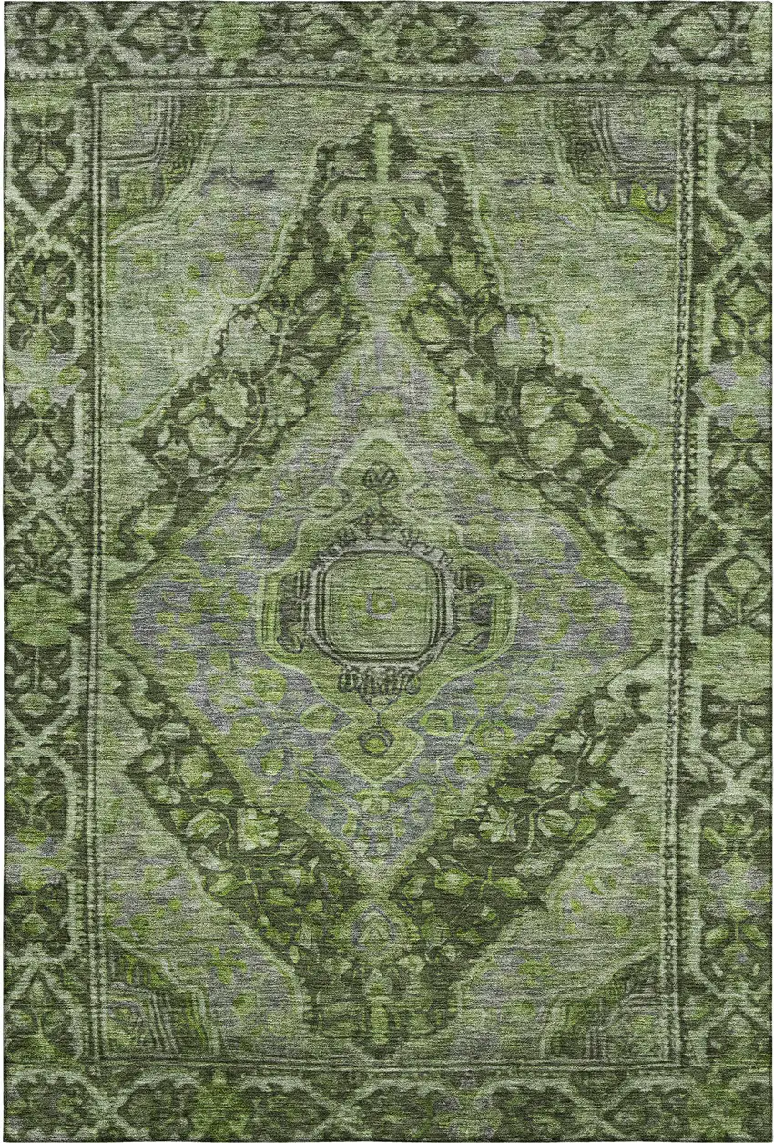 Olive Green And Gray Oriental Washable Area Rug With UV Protection Photo 1
