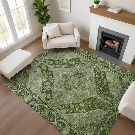 Olive Green And Gray Oriental Washable Area Rug With UV Protection Photo 4