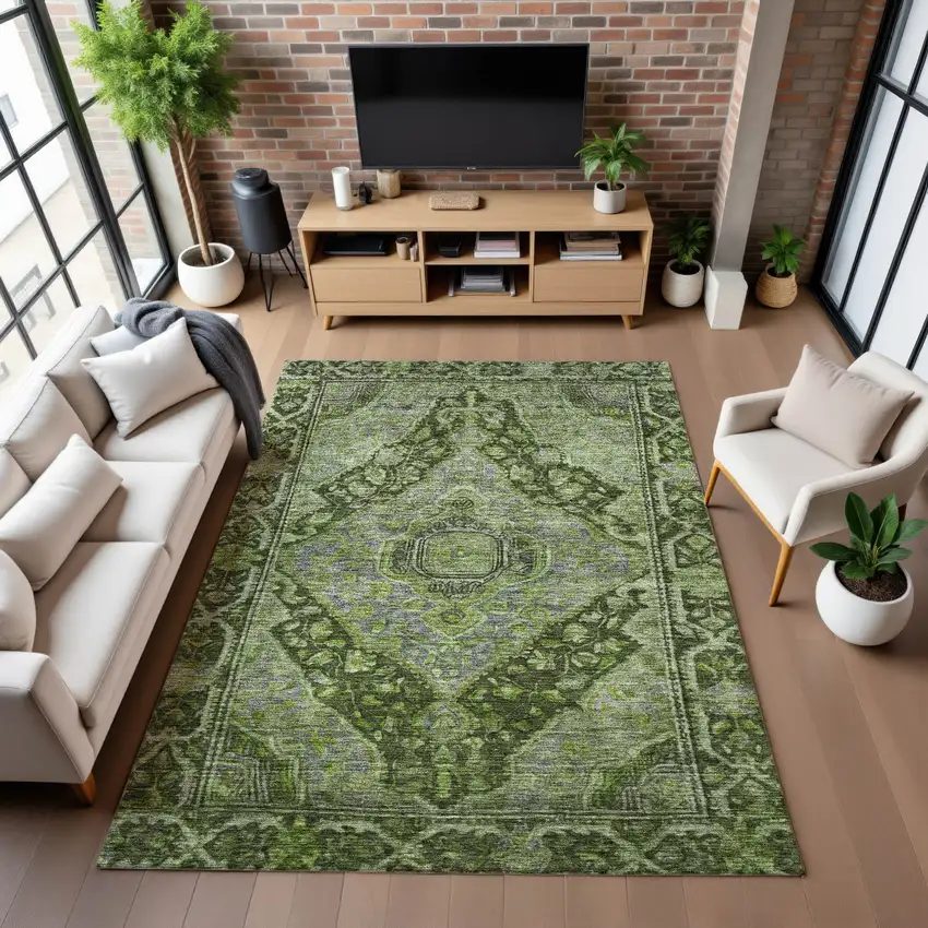 Olive Green And Gray Oriental Washable Area Rug With UV Protection Photo 5
