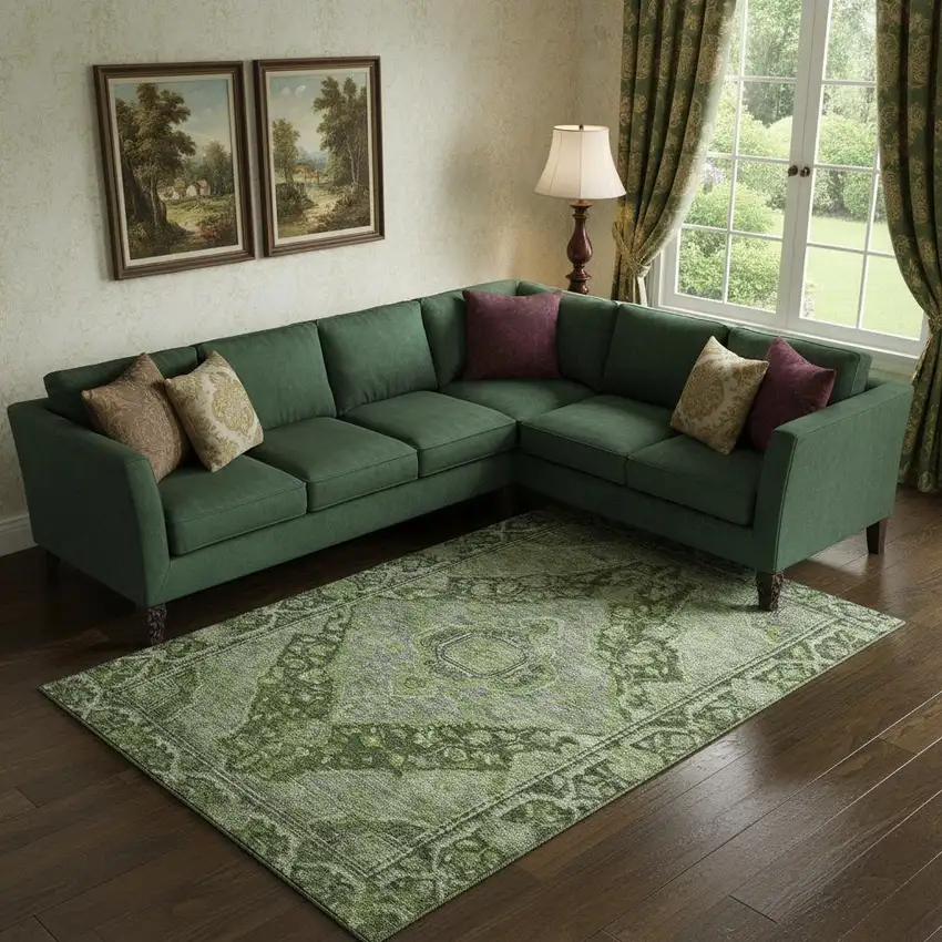 Olive Green And Gray Oriental Washable Area Rug With UV Protection Photo 2