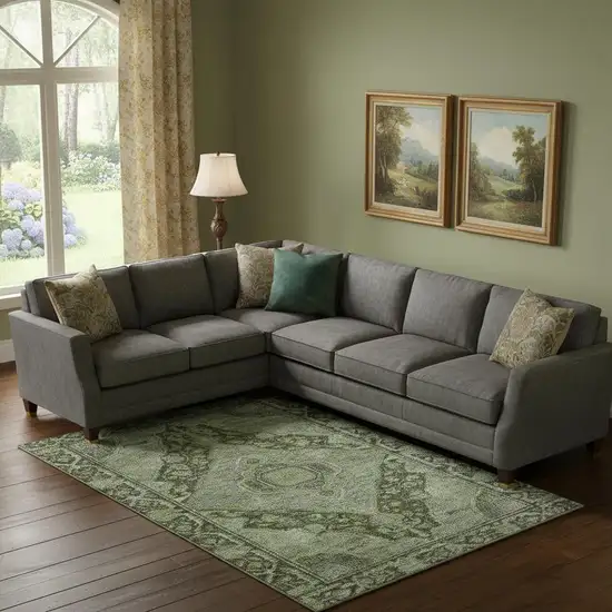 Olive Green And Gray Oriental Washable Area Rug With UV Protection Photo 2