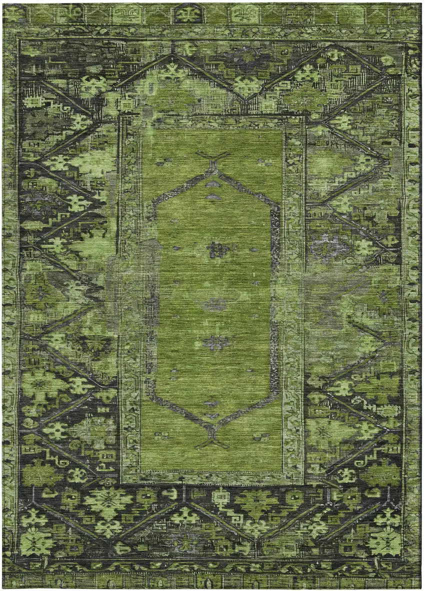 Olive Green And Gray Oriental Washable Indoor Outdoor Area Rug Photo 5