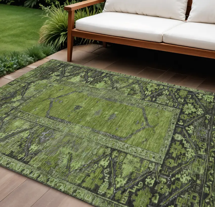 Olive Green And Gray Oriental Washable Indoor Outdoor Area Rug Photo 2