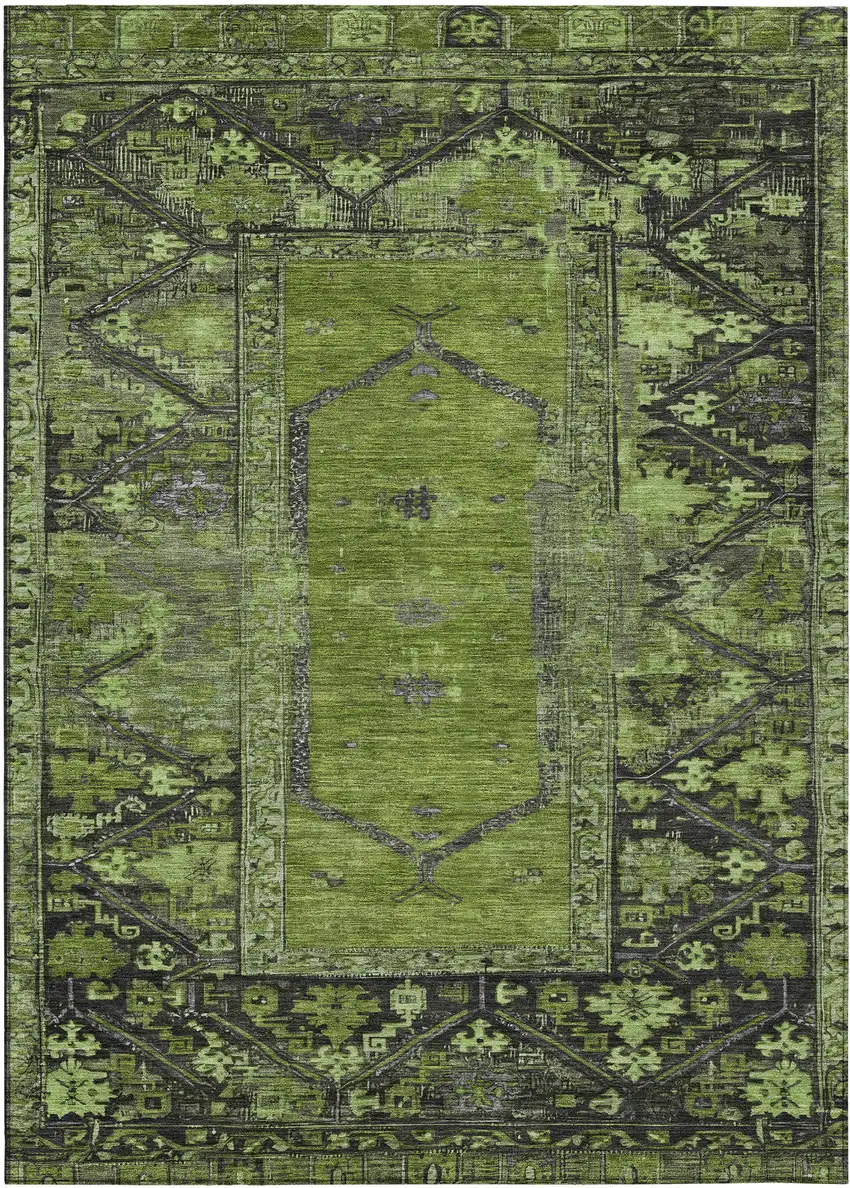 Olive Green And Gray Oriental Washable Indoor Outdoor Area Rug Photo 1