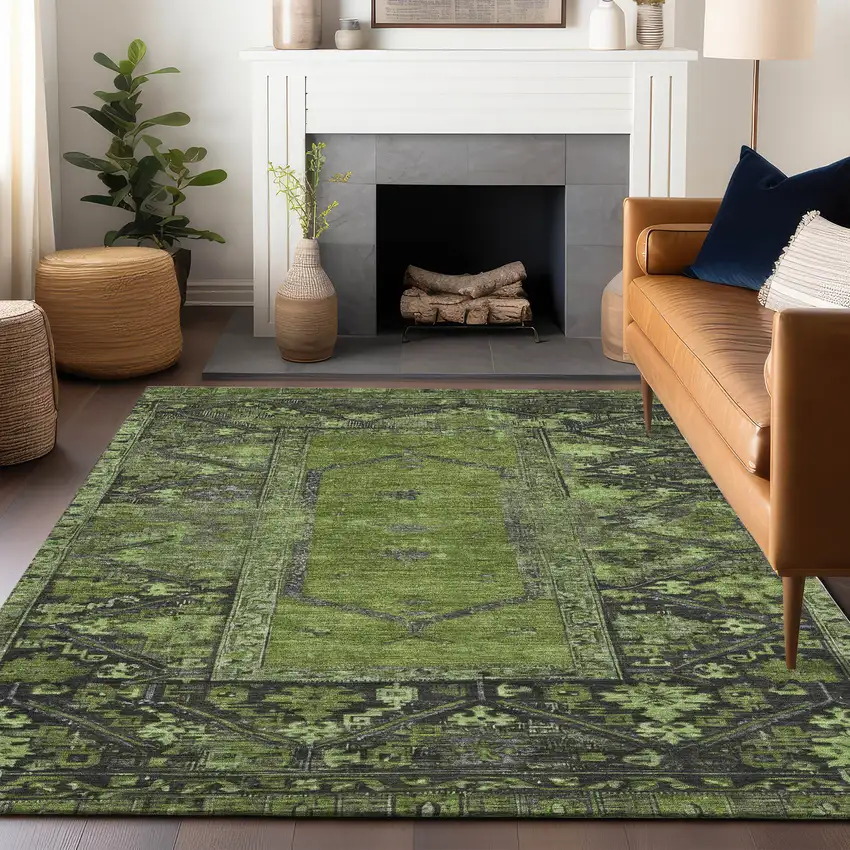 Olive Green And Gray Oriental Washable Indoor Outdoor Area Rug Photo 7