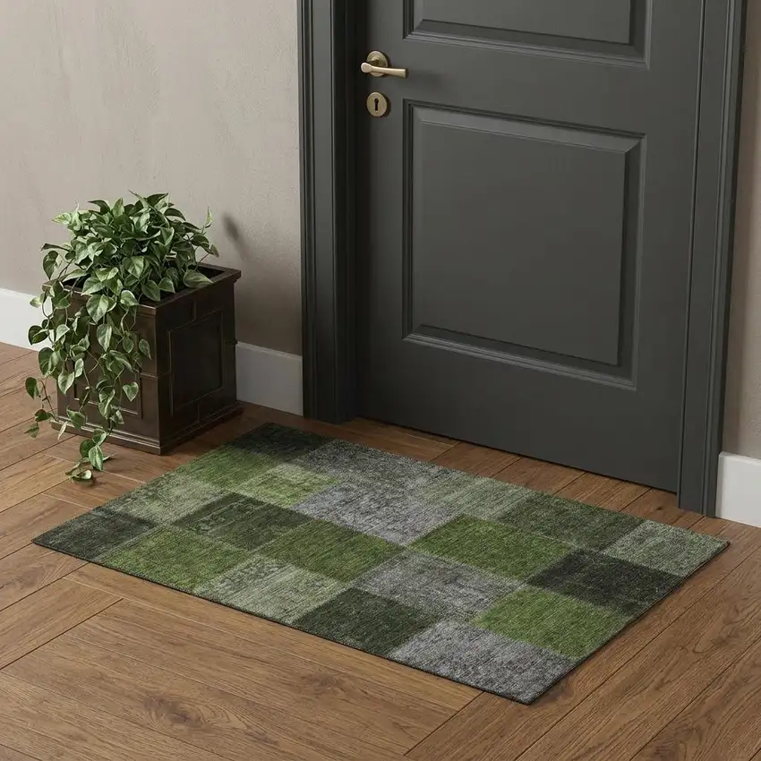 Olive Green And Gray Patchwork Washable Area Rug With UV Protection Photo 1