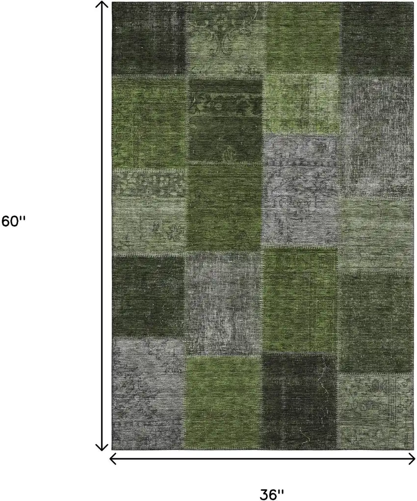 Olive Green And Gray Patchwork Washable Area Rug With UV Protection Photo 3