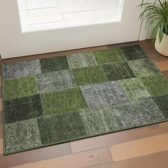 Olive Green And Gray Patchwork Washable Area Rug With UV Protection Photo 1