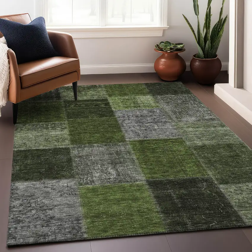 Olive Green And Gray Patchwork Washable Area Rug With UV Protection Photo 5