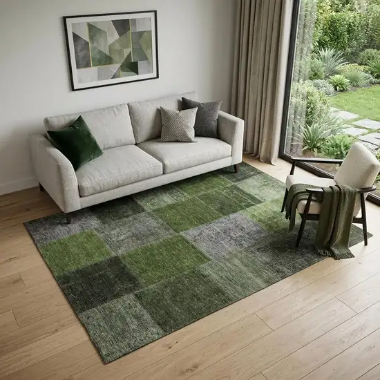 Olive Green And Gray Patchwork Washable Area Rug With UV Protection Photo 1