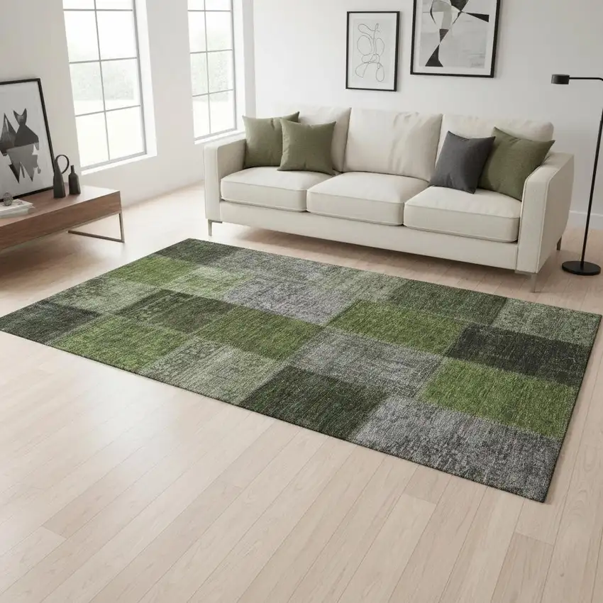 Olive Green And Gray Patchwork Washable Area Rug With UV Protection Photo 1