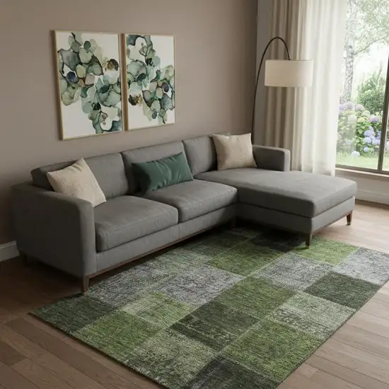 Olive Green And Gray Patchwork Washable Area Rug With UV Protection Photo 1