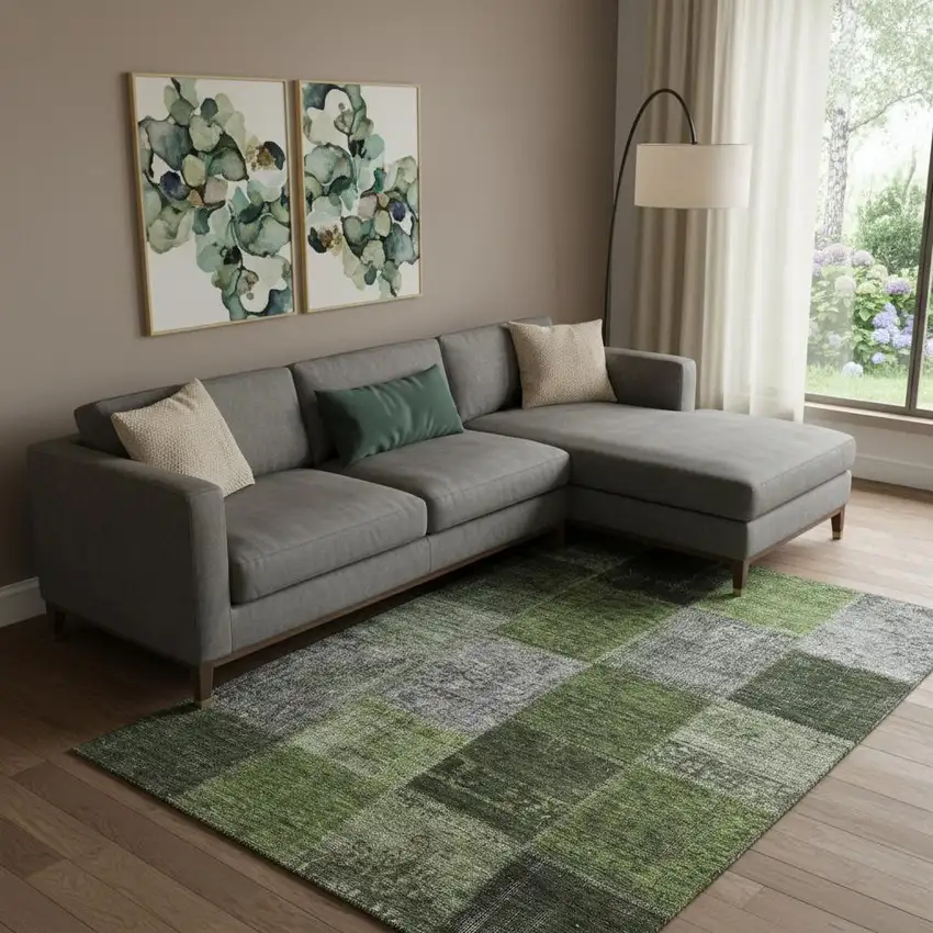 Olive Green And Gray Patchwork Washable Area Rug With UV Protection Photo 1