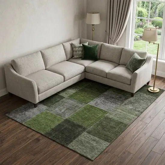 Olive Green And Gray Patchwork Washable Area Rug With UV Protection Photo 1