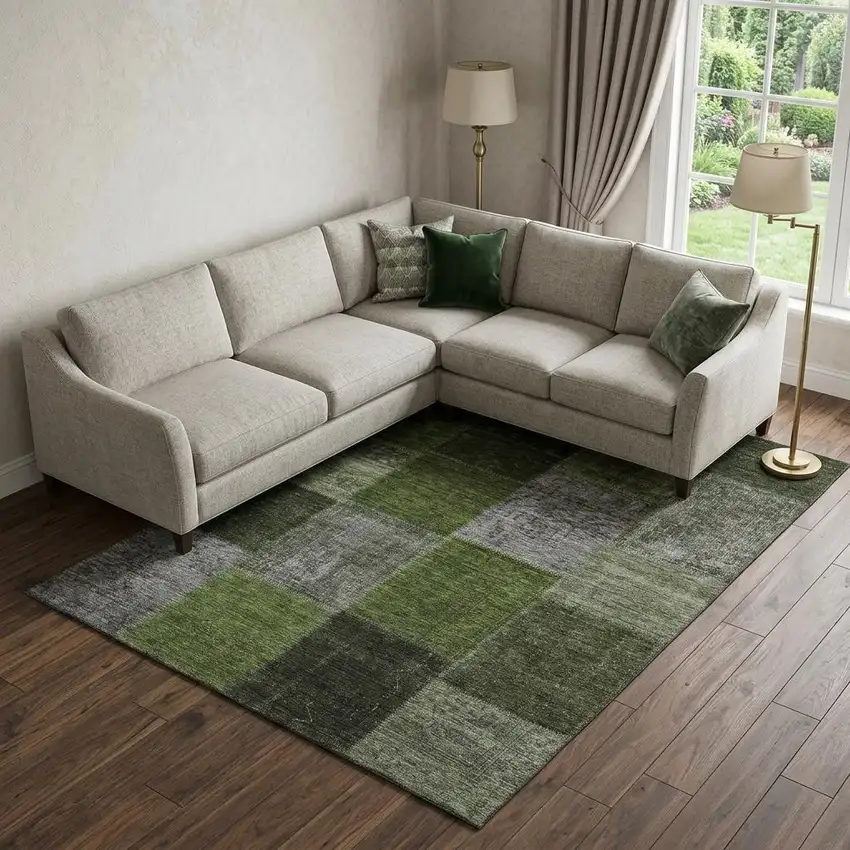 Olive Green And Gray Patchwork Washable Area Rug With UV Protection Photo 1