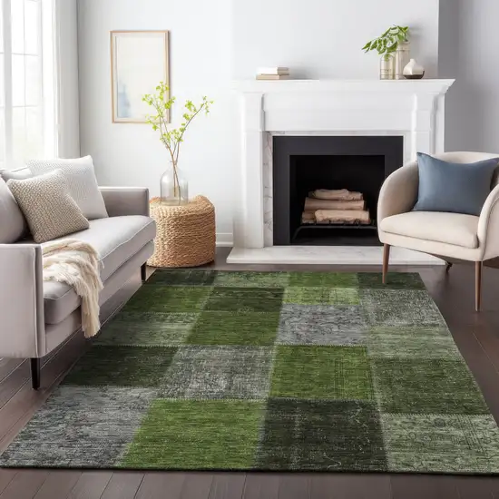 Olive Green And Gray Patchwork Washable Area Rug With UV Protection Photo 6