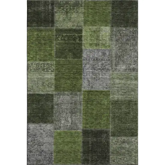 Olive Green And Gray Patchwork Washable Area Rug With UV Protection Photo 2