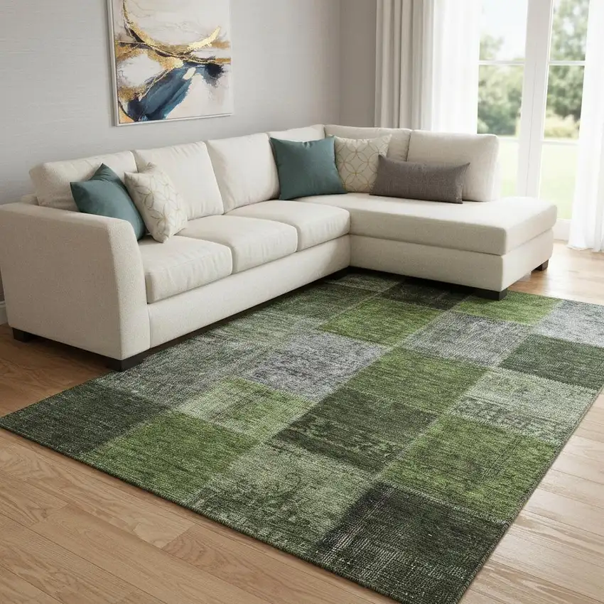 Olive Green And Gray Patchwork Washable Area Rug With UV Protection Photo 1