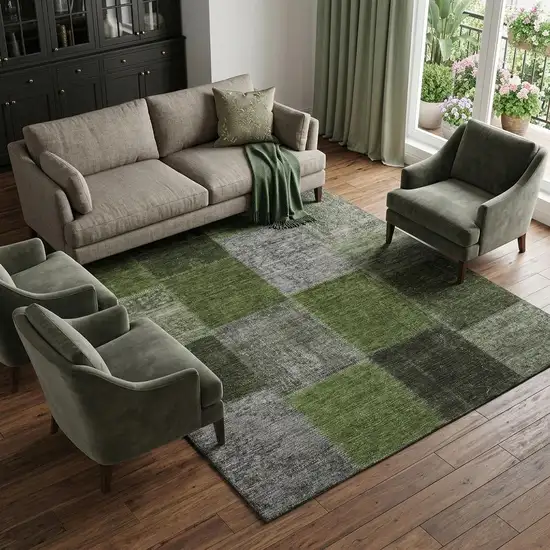Olive Green And Gray Patchwork Washable Area Rug With UV Protection Photo 1