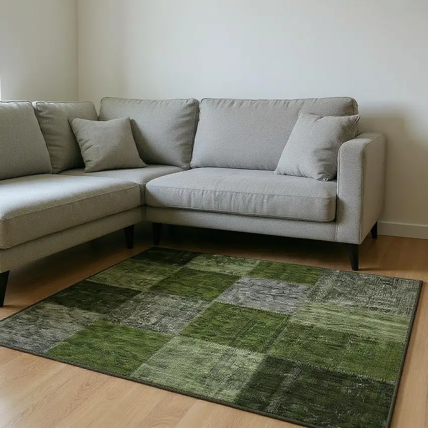 Olive Green And Gray Patchwork Washable Area Rug With UV Protection Photo 1