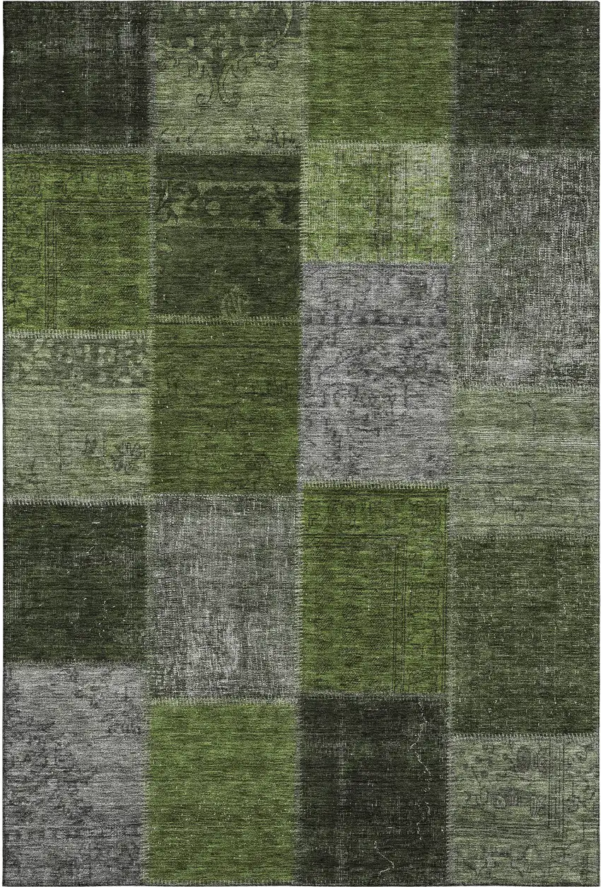 Olive Green And Gray Patchwork Washable Area Rug With UV Protection Photo 2