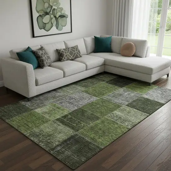 Olive Green And Gray Patchwork Washable Area Rug With UV Protection Photo 1