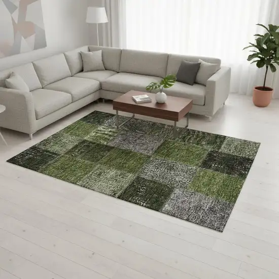 Olive Green And Gray Patchwork Washable Area Rug With UV Protection Photo 1