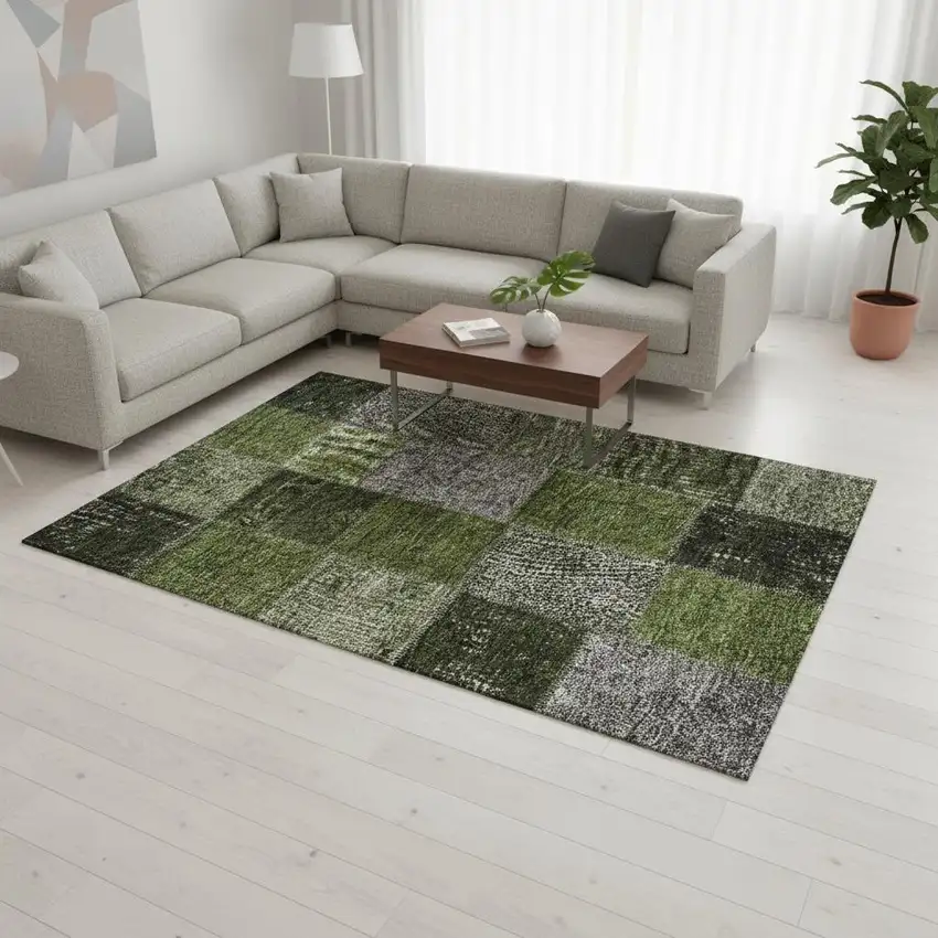 Olive Green And Gray Patchwork Washable Area Rug With UV Protection Photo 1