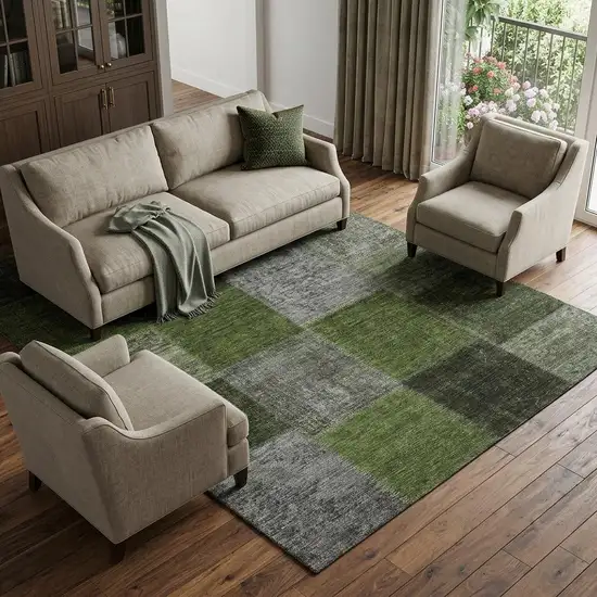 Olive Green And Gray Patchwork Washable Area Rug With UV Protection Photo 1