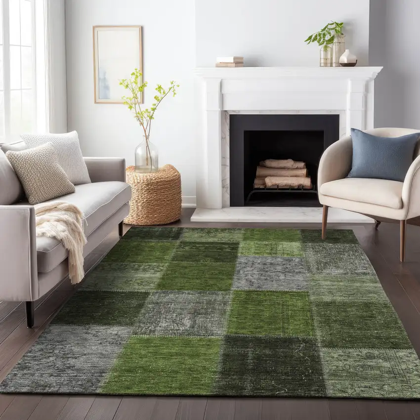 Olive Green And Gray Patchwork Washable Area Rug With UV Protection Photo 5
