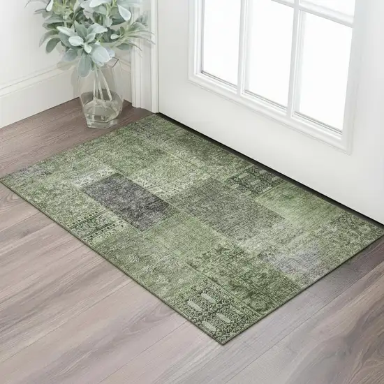 Olive Green And Gray Patchwork Washable Area Rug With UV Protection Photo 1