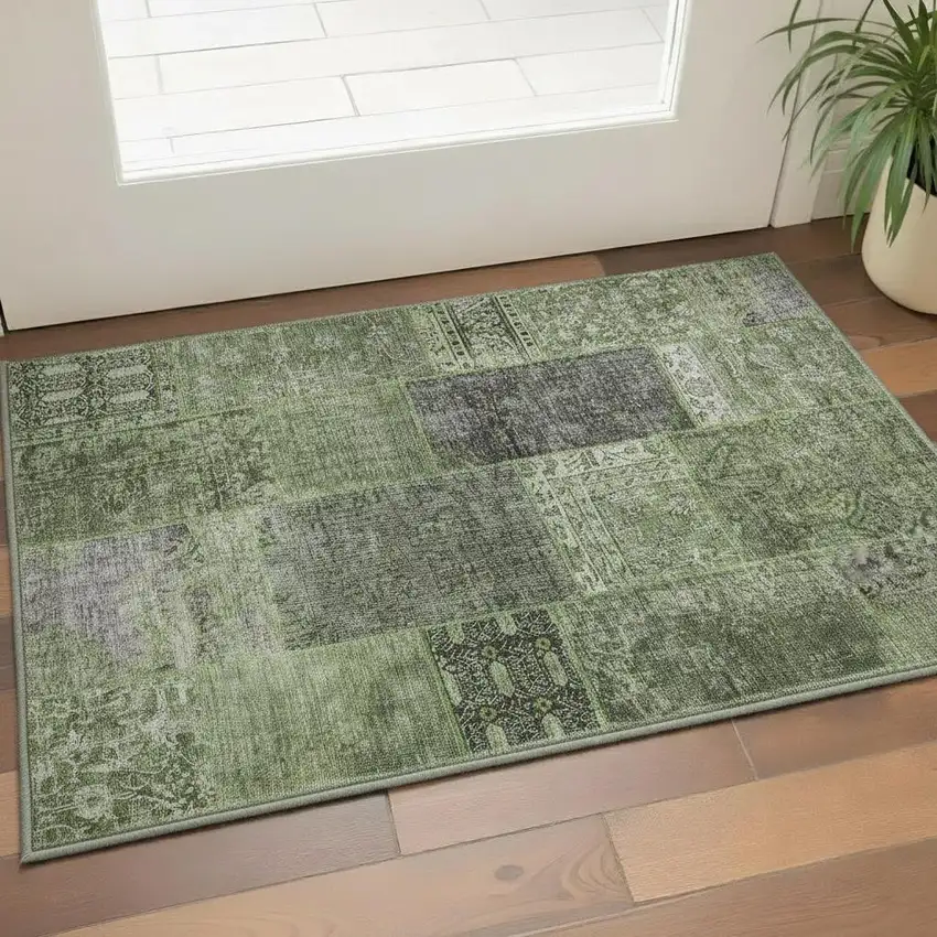 Olive Green And Gray Patchwork Washable Area Rug With UV Protection Photo 2