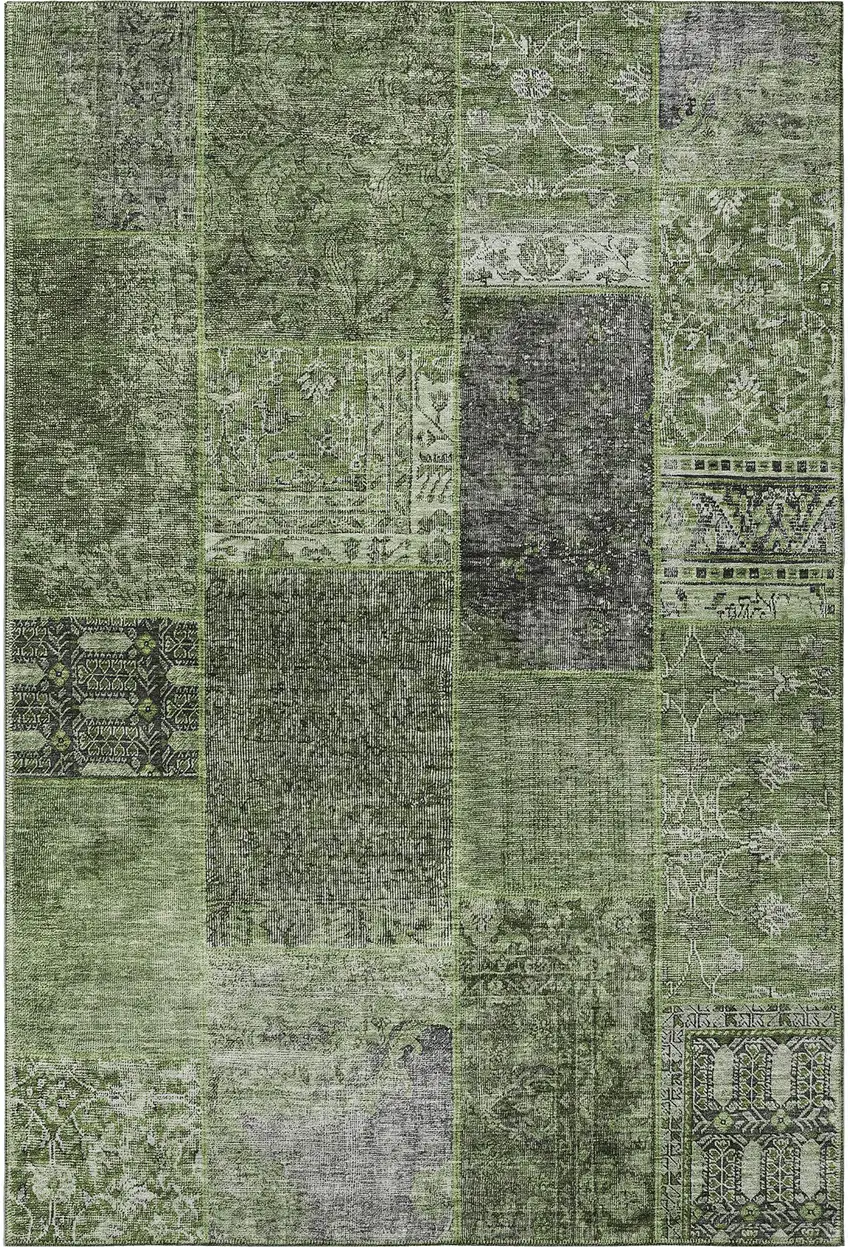Olive Green And Gray Patchwork Washable Area Rug With UV Protection Photo 3