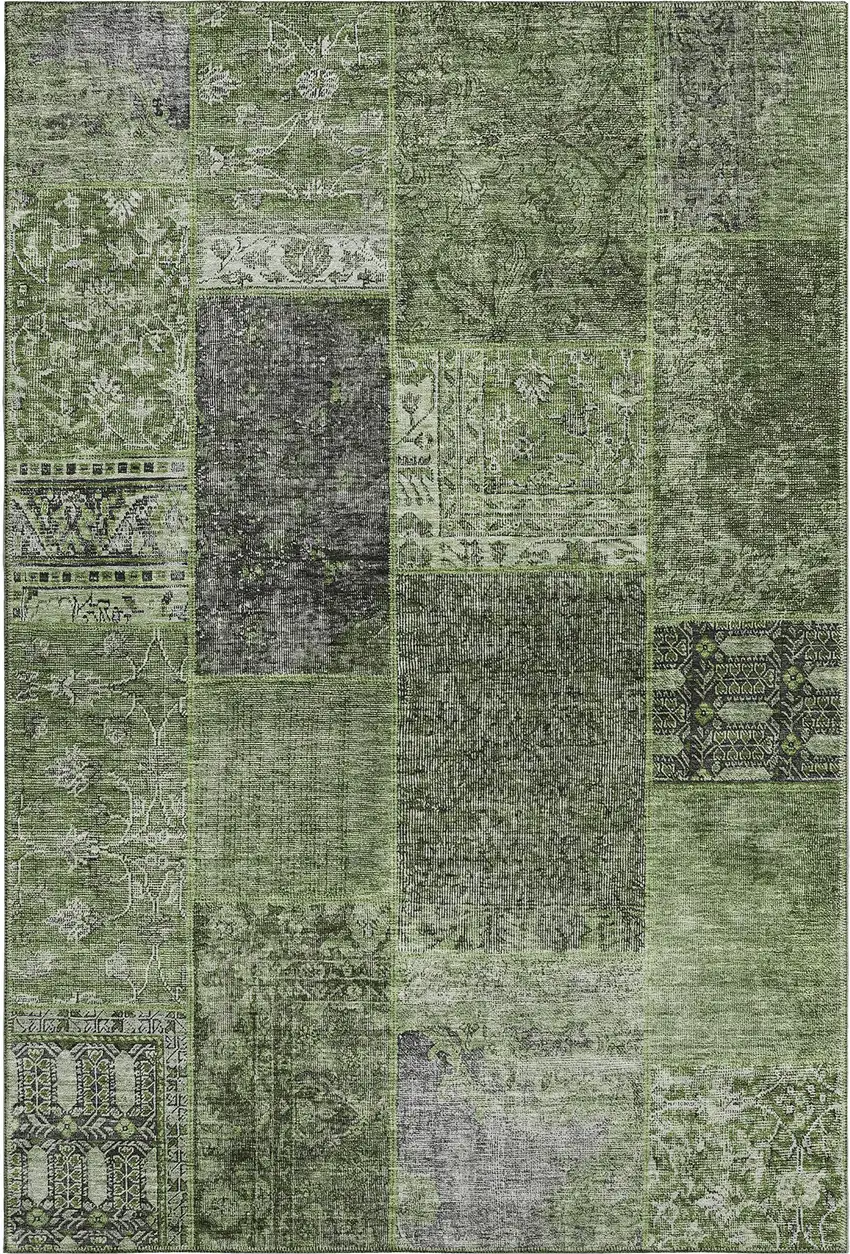 Olive Green And Gray Patchwork Washable Area Rug With UV Protection Photo 1