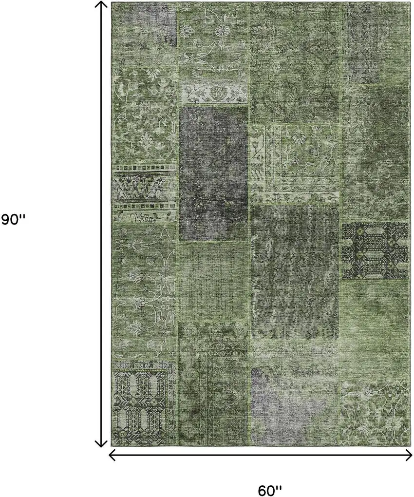 Olive Green And Gray Patchwork Washable Area Rug With UV Protection Photo 3