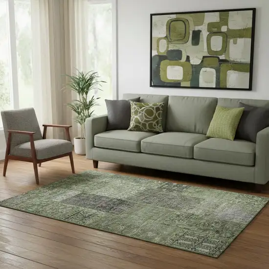 Olive Green And Gray Patchwork Washable Area Rug With UV Protection Photo 1