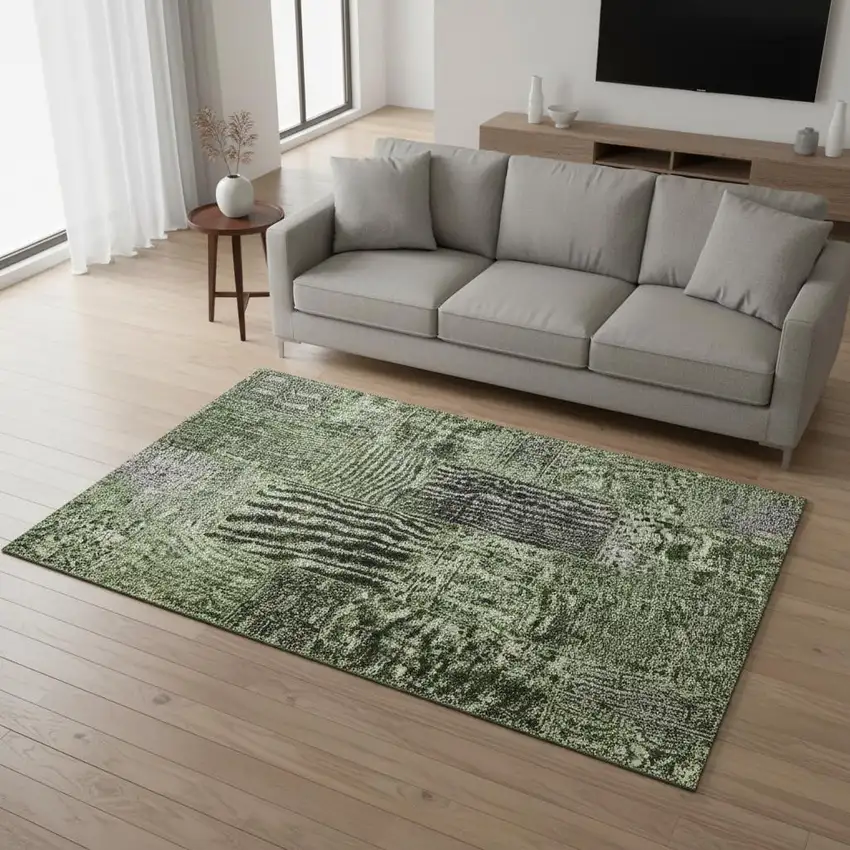 Olive Green And Gray Patchwork Washable Area Rug With UV Protection Photo 1
