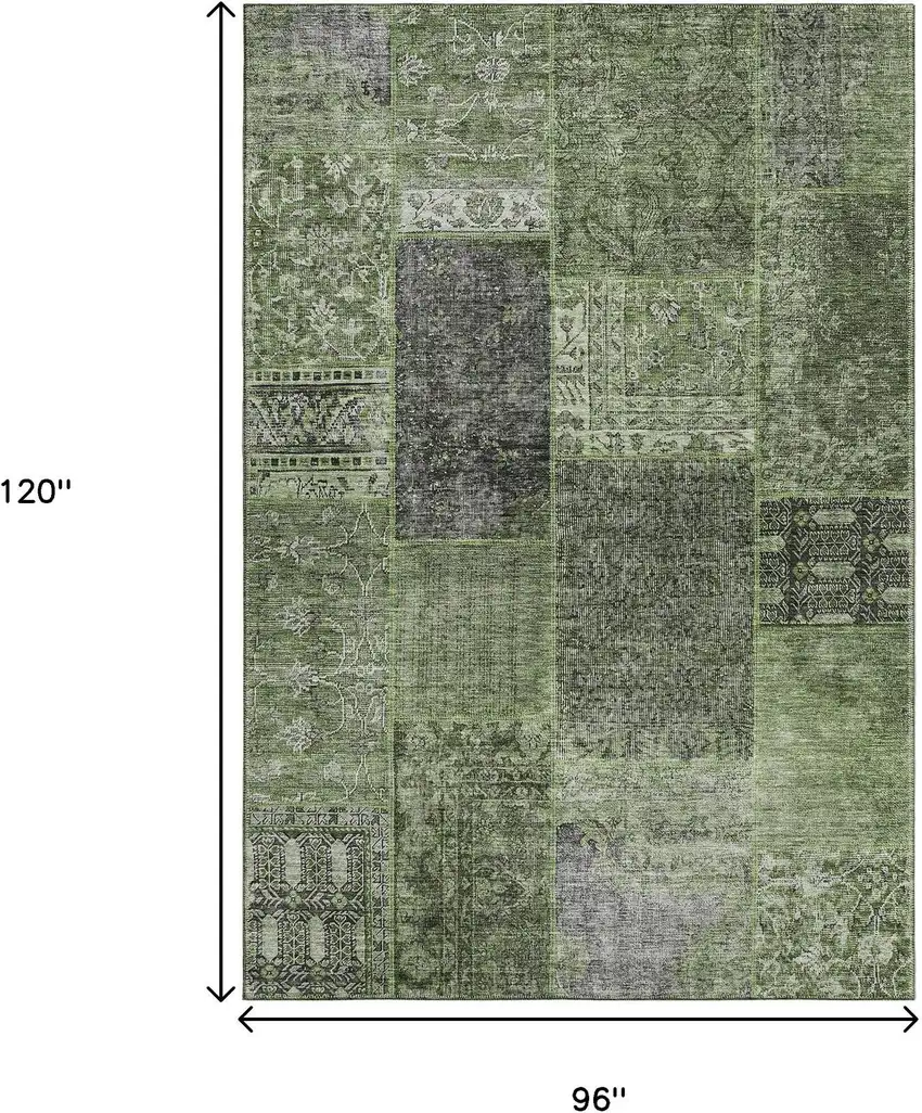 Olive Green And Gray Patchwork Washable Area Rug With UV Protection Photo 3