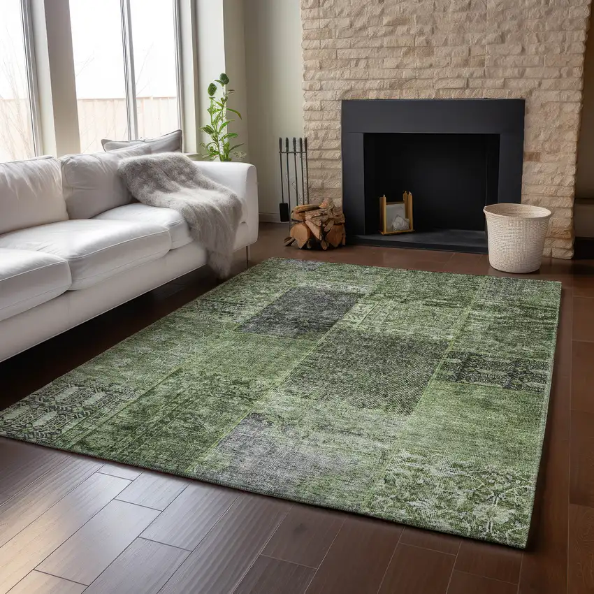 Olive Green And Gray Patchwork Washable Area Rug With UV Protection Photo 4