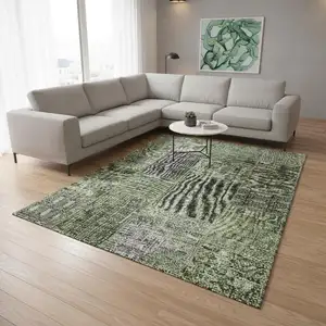 Photo of Olive Green And Gray Patchwork Washable Area Rug With UV Protection