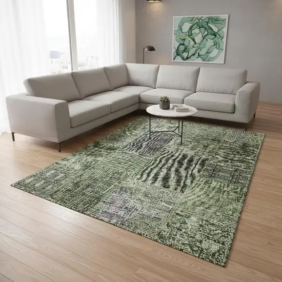 Olive Green And Gray Patchwork Washable Area Rug With UV Protection Photo 1