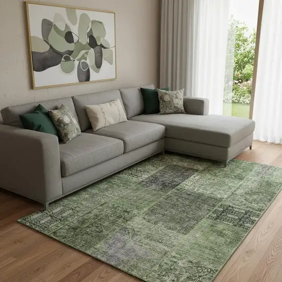 Olive Green And Gray Patchwork Washable Area Rug With UV Protection Photo 1