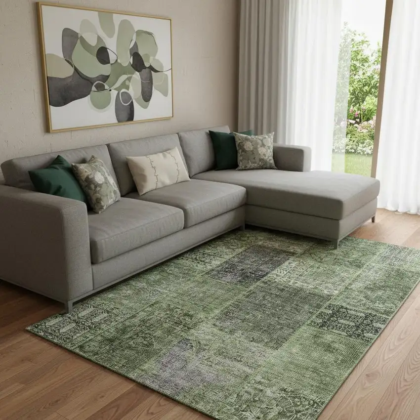 Olive Green And Gray Patchwork Washable Area Rug With UV Protection Photo 1