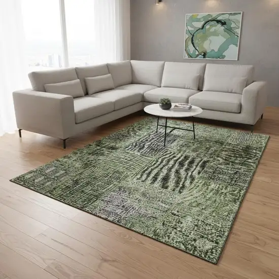 Olive Green And Gray Patchwork Washable Area Rug With UV Protection Photo 3